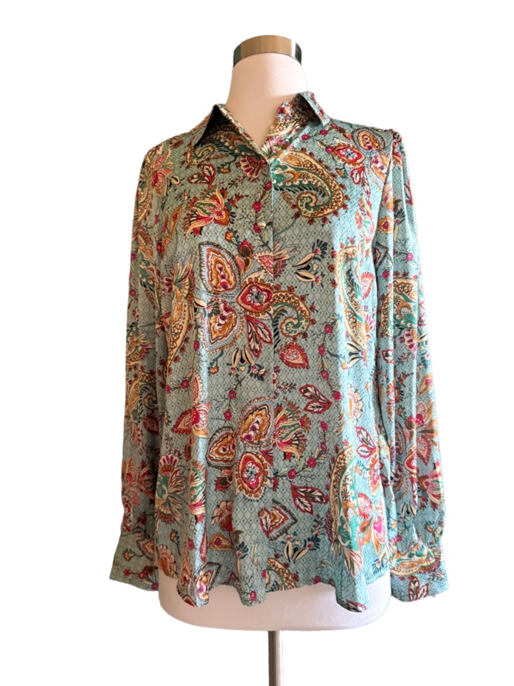 Autres Filles Light Blue Paisley Button-Up Blouse Satiny Pink Green EUC Small